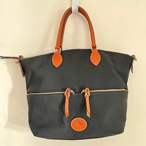 Dooney & Bourke Black Large Pocket Satchel Nylon Bag Tan Leather Trim Red Inside